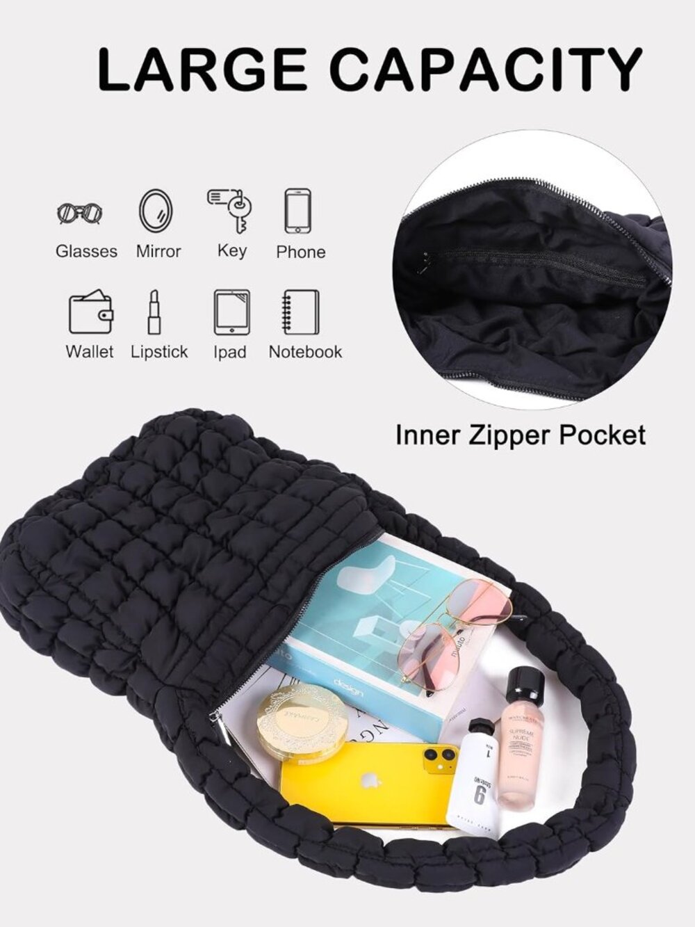 Puffer Quilted Shoulder Bag for Women Puffy Bubble Tote Bag Lightweight Nylon Ha - Picture 4 of 8